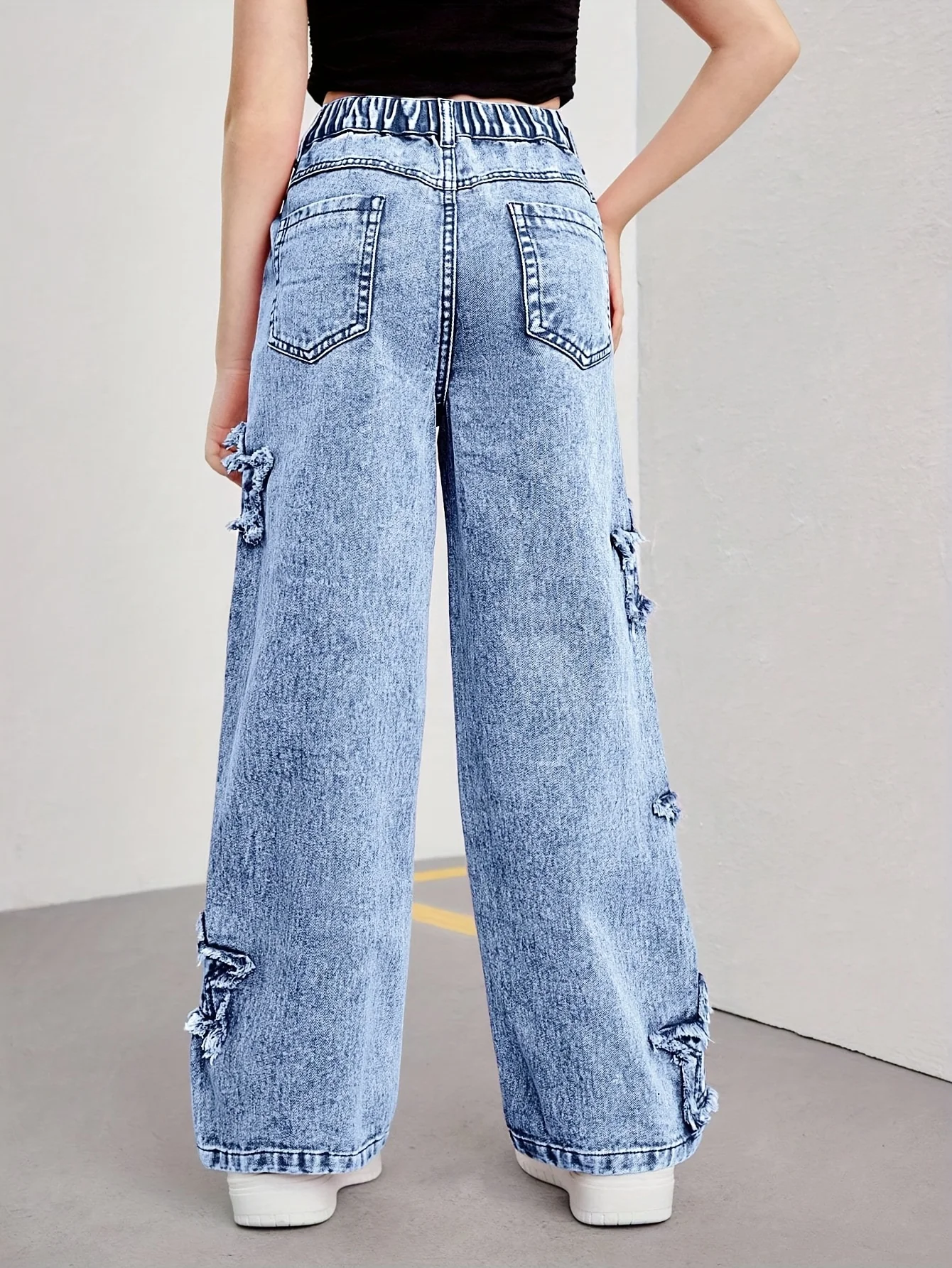 Girl's denim pants, Y2K five-star patch embroidery pattern straight-leg denim pants,holiday-style pants - Image 2