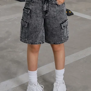 Girl's Y2K retro flip-front loose-fit denim work pants with elastic waist, soft and comfortable fabric suitable for all seasons.