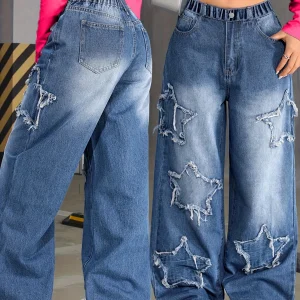 Girl's Y2K new five-star patch trendy straight-leg jeans, elastic waist, comfortable fabric, suitable for all seasons to wear.