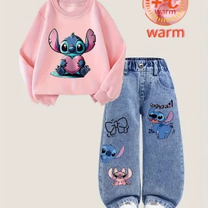 【2-piece set】Disney - Stitch pattern children's clothing, girl's pink sports hoodie + jeans set, fits well and is comfortable.