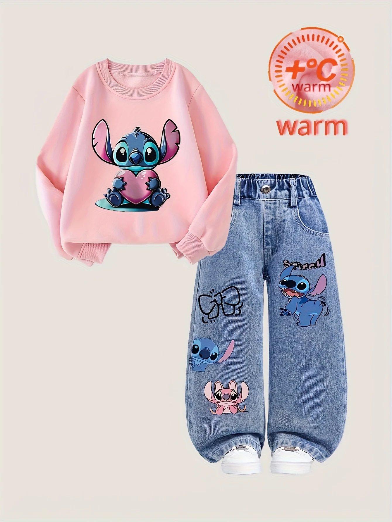【2-piece set】Disney - Stitch pattern children's clothing, girl's pink sports hoodie + jeans set, fits well and is comfortable.
