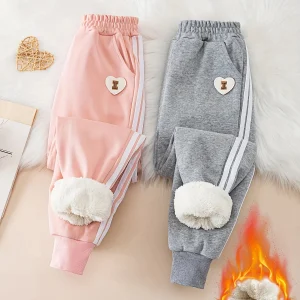 【2-piece set】Girls' Autumn/Winter Love Sheepskin Thick and Warm Jogging Pants, Children's Anti-Chill Warm Long Pants.