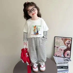 Spring Baby Girls Clothes Set Children Disney Zootopia Printing Striped Sleeve Top and Striped Pants Bottom 2Pcs Suit Tracksuit