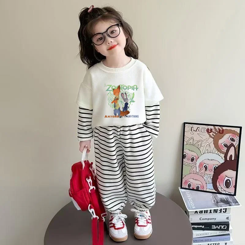 Spring Baby Girls Clothes Set Children Disney Zootopia Printing Striped Sleeve Top and Striped Pants Bottom 2Pcs Suit Tracksuit