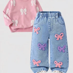 Girls Baby Loose Jeans Autumn Winter Pink Purple Butterfly Knot Embroidery Cute Denim Pants Comfortable Cotton Elastic Waist