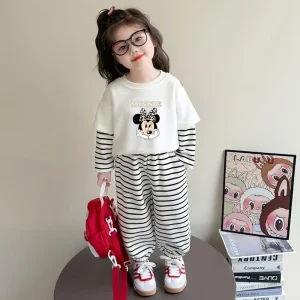 Spring Baby Girls Clothes Set Children Disney Minnie Printing Striped Sleeve Top and Striped Pants Bottom 2Pcs Suit Tracksuit