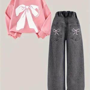 Girls' pink bow-patterned hoodie + black bow-stitched denim straight-leg pants set. Suitable for all seasons.