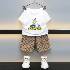 Summer Baby Boy Clothes Set Children Donald Duck Cartoon Print T-shirt and Checked Short 2Pcs Suit Kid Shorts Sleeve Tracksuit