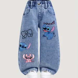 Disney-Stitch pattern Cute Straight Leg Loose Casual Jeans for Young Girls Fashionable All-Match Style Elastic Waist