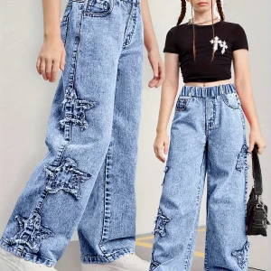 Girl's denim pants, Y2K five-star patch embroidery pattern straight-leg denim pants,holiday-style pants