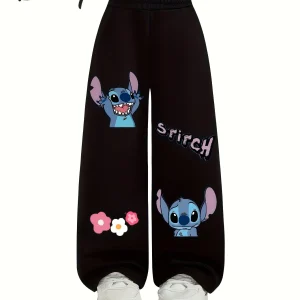 Disney Stitch Patterned Kids Straight Leg Knit Trousers Unisex Comfortable Elastic Waist Fashionable Y2K Style.02