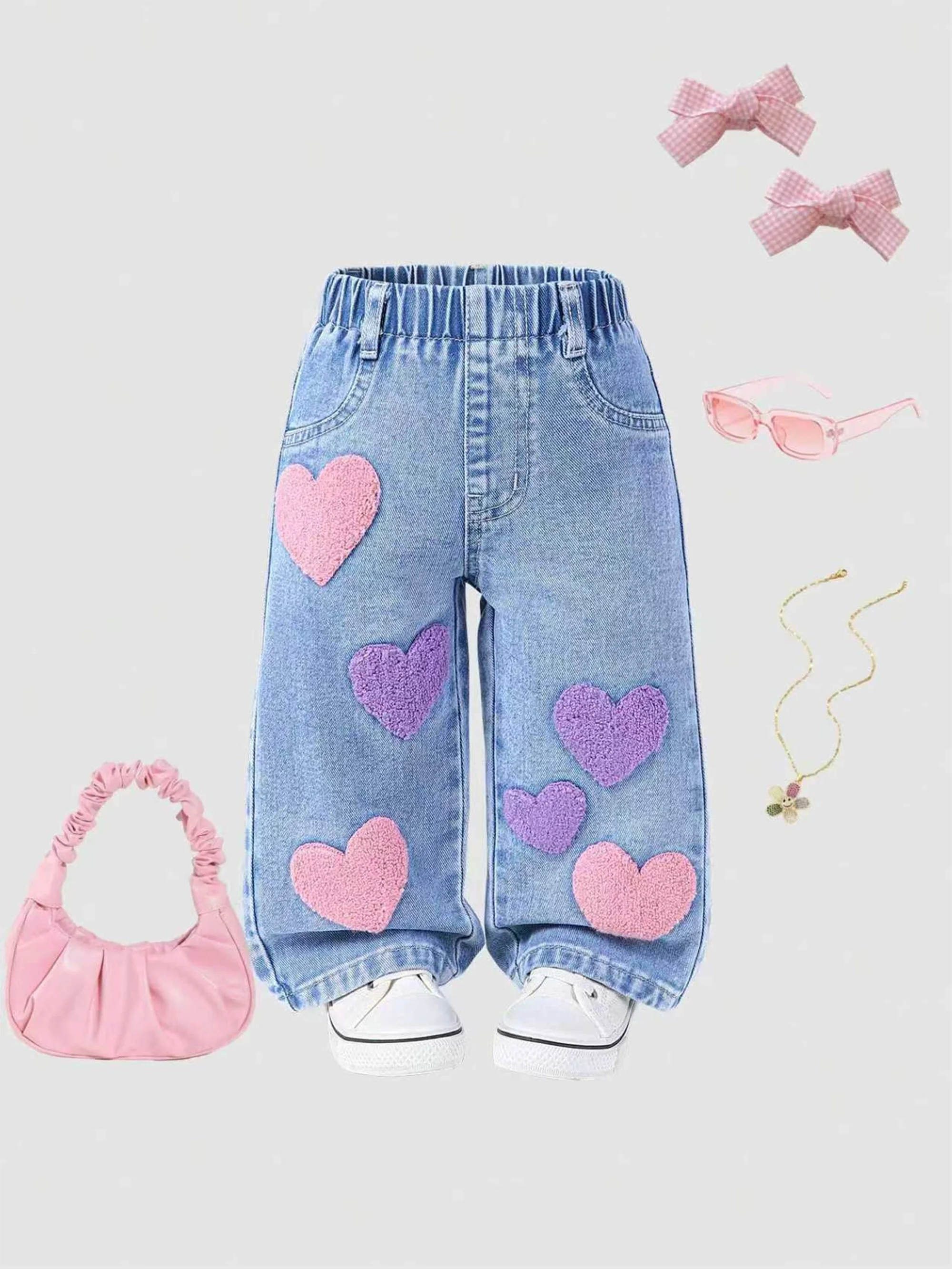 CuddClio Baby Girl's Loose Jeans Autumn Winter Pink Purple Heart Embroidery Cute Denim Full Elastic Waist Comfortable - Image 2
