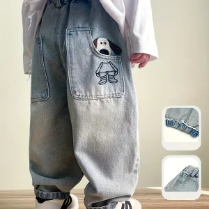 Boys' Denim Long Pants, Boys' Denim Pants with Dog Pattern Embroidery, Boys' Casual Pants for Going Out. Full Elastic Waistband