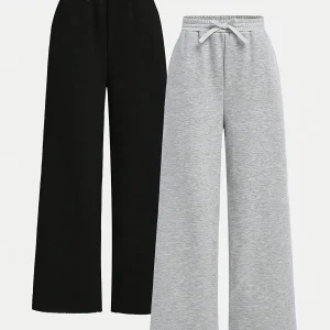 【2-piece set】 Fashionable and versatile girls' black and grey combination knitted fabric loose casual wide-leg pants