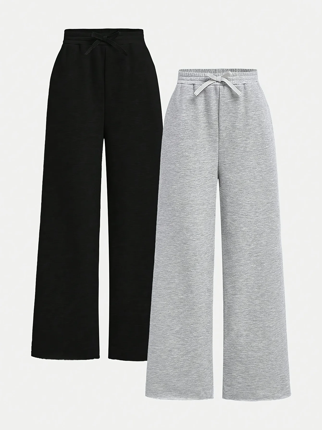 【2-piece set】 Fashionable and versatile girls' black and grey combination knitted fabric loose casual wide-leg pants