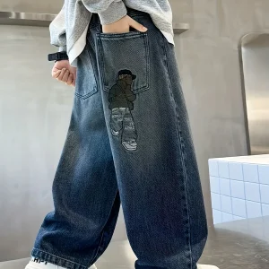 Boy's loose-fit trendy rear pocket embroidered design denim straight-leg pants, comfortable stretch elastic waist.