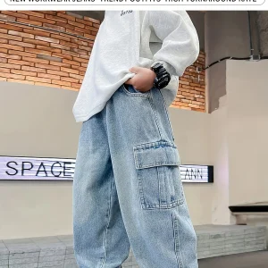 Boy's large-sized casual four-season wearable stylish and handsome street straight-leg workwear casual jeans.