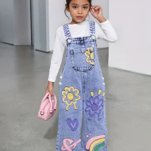 Girl's Y2K sunflower pattern printed straight and loose denim drawstring pants, workwear type drawstring pants.