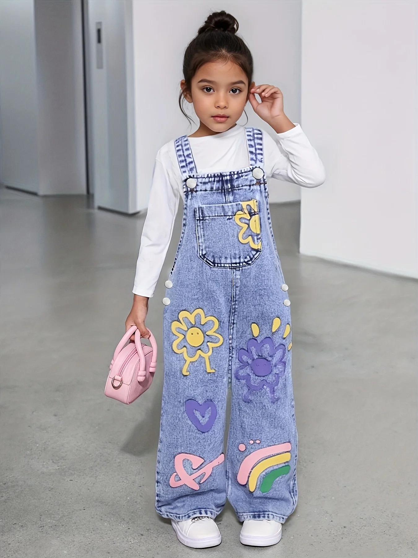 Girl's Y2K sunflower pattern printed straight and loose denim drawstring pants, workwear type drawstring pants.