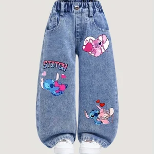 Disney Stitch Y2K Style Loose Straight Leg Jeans Girls Comfortable Year-Round Pants Full Elastic Waist Front Back Pockets，03