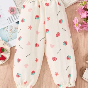 Girls Summer Lightweight Strawberry Heart Print Loose Comfortable Pants Mosquito-Resistant Cooling Trousers with Elastic Waist