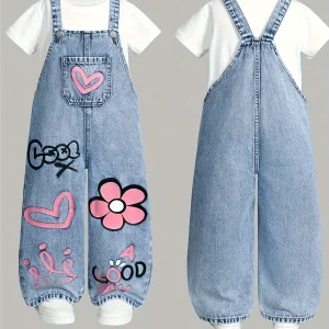 Girls' floral, heart-shaped, rainbow graffiti pattern casual and comfortable Y2K streetwear denim drawstring pants.
