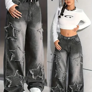 Girl's Y2K street cool style five-star patch pattern denim straight-leg pants, all-season and winter long pants