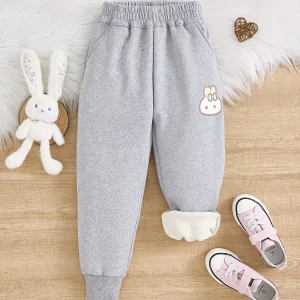 Girls Warm-Padded Long Pants Autumn Winter Rabbit Patterned Trousers for Kids.Full elastic waistband