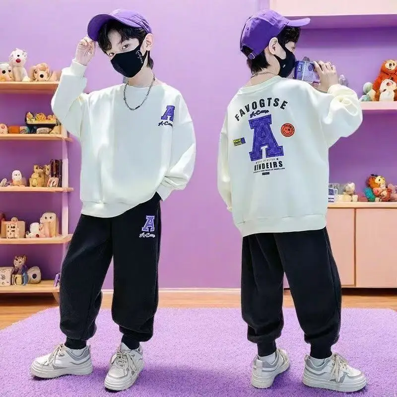 Spring Baby Boys Clothes Set Children Double-Sided Letters Printing Sweatshirt Top and Overalls Bottom Two Pieces Suit Tracksuit