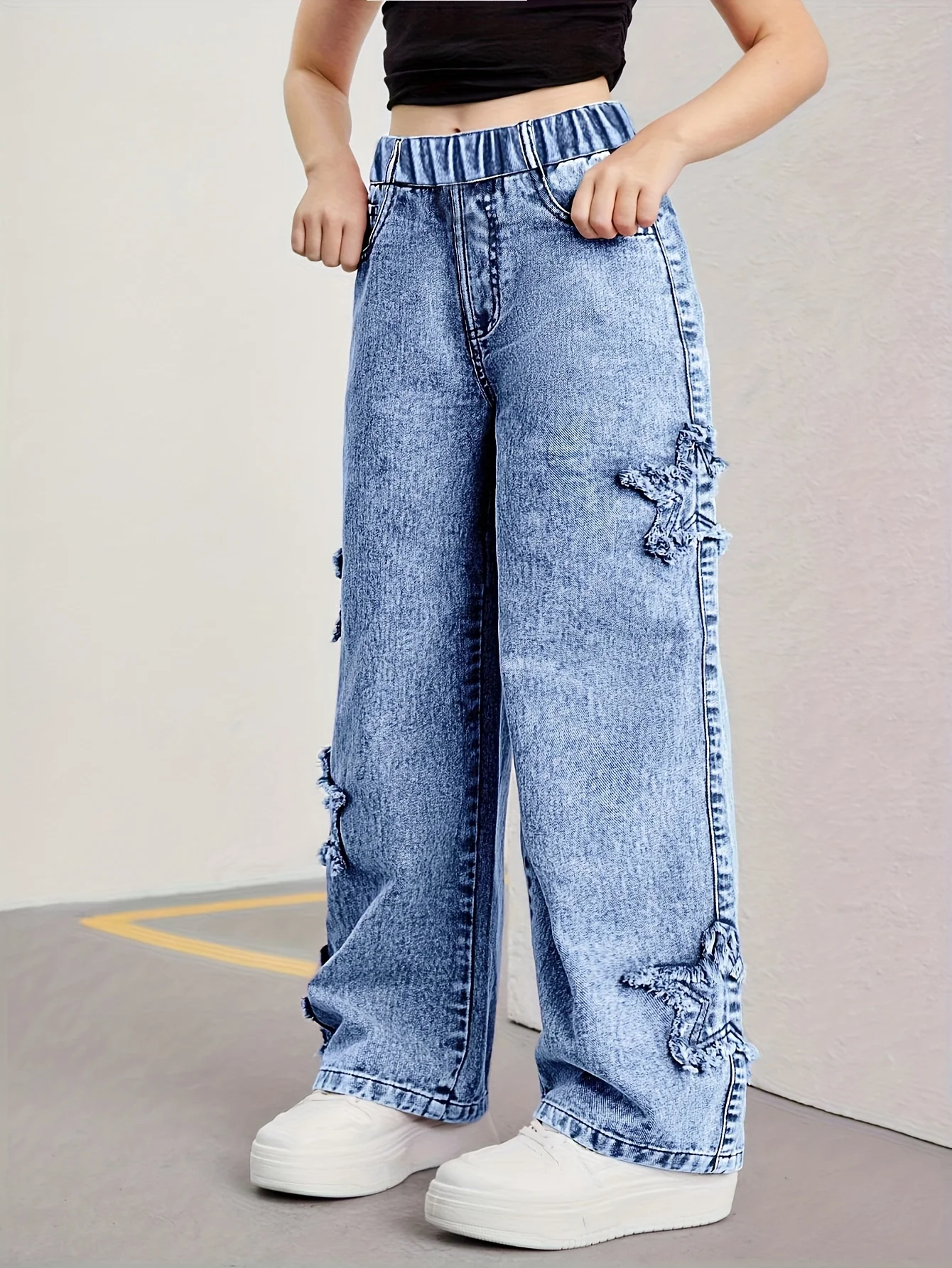 Girl's denim pants, Y2K five-star patch embroidery pattern straight-leg denim pants,holiday-style pants - Image 4