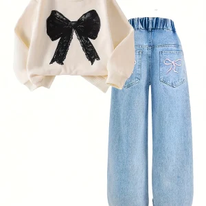 【Only top + pants】 Girl's fashionable bow-patterned hoodie + bow-stitched jeans set, a casual outfit suitable for all seasons.