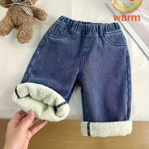 Girls' warm denim pants, thick pants for autumn and winter seasons, elastic and stretchable waistband, loose and comfortable fit