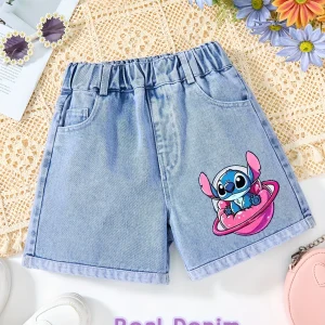 Disney Stitch Pattern Unisex Y2K Cute Loose Casual Denim Shorts Fashionable All-Match Full Elastic Waist Comfortable