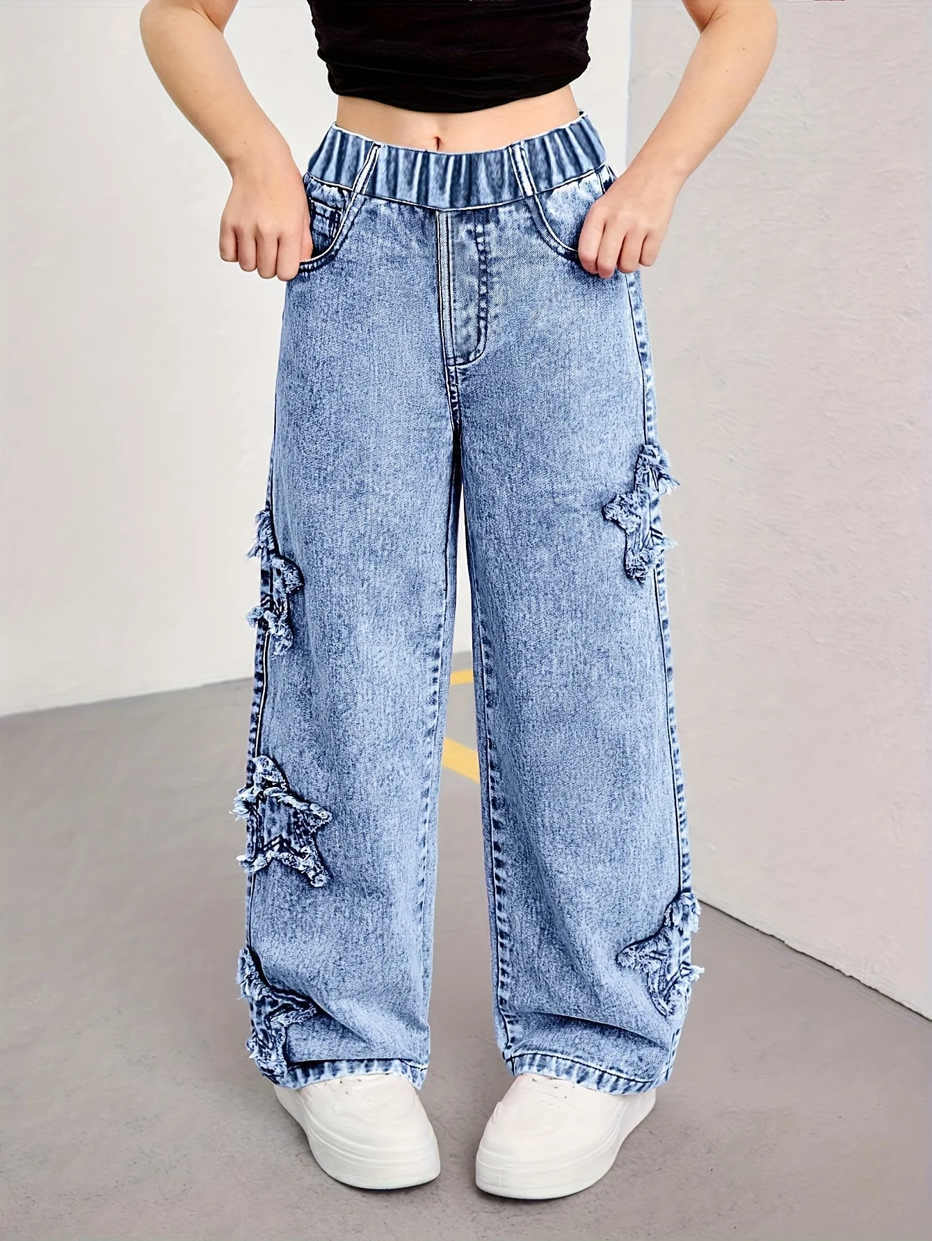 Girl's denim pants, Y2K five-star patch embroidery pattern straight-leg denim pants,holiday-style pants - Image 3