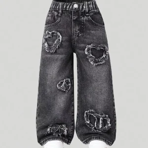 Girls' heart-shaped pattern patchwork American style fashionable street-appropriate black straight-leg jeans.