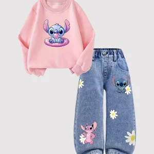 【2-piece set】Disney - Stitch pattern children's clothing, girl's pink sports hoodie + jeans set, fits well and is comfortable.