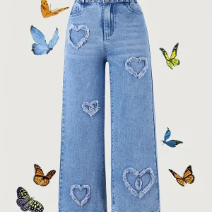 Girl's Y2K heart pattern patchwork trendy straight-leg jeans, full elastic waistb, comfortable fabric, suitable for all seasons.