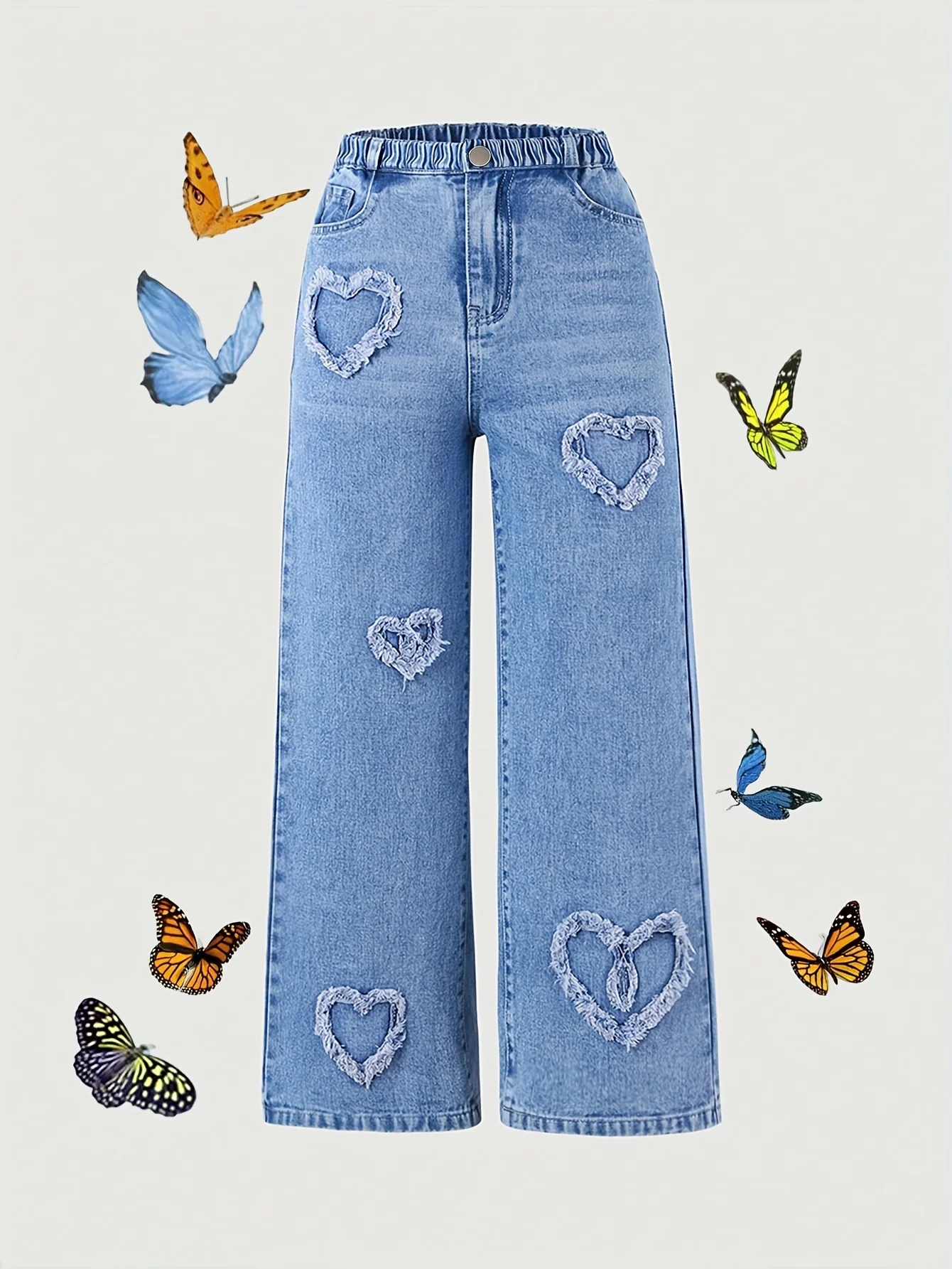 Girl's Y2K heart pattern patchwork trendy straight-leg jeans, full elastic waistb, comfortable fabric, suitable for all seasons.