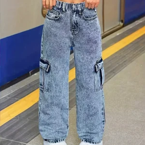 Girl's Y2K trendy straight-leg jeans, with elastic waist and comfortable fabric. Suitable for all seasons and festive occasions.