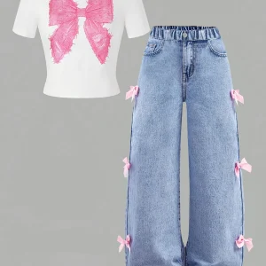 Youthful Girl Summer Bow Print Short Sleeve Bow Tie Jeans Two-Piece Set Comfortable Full Elastic Waistband