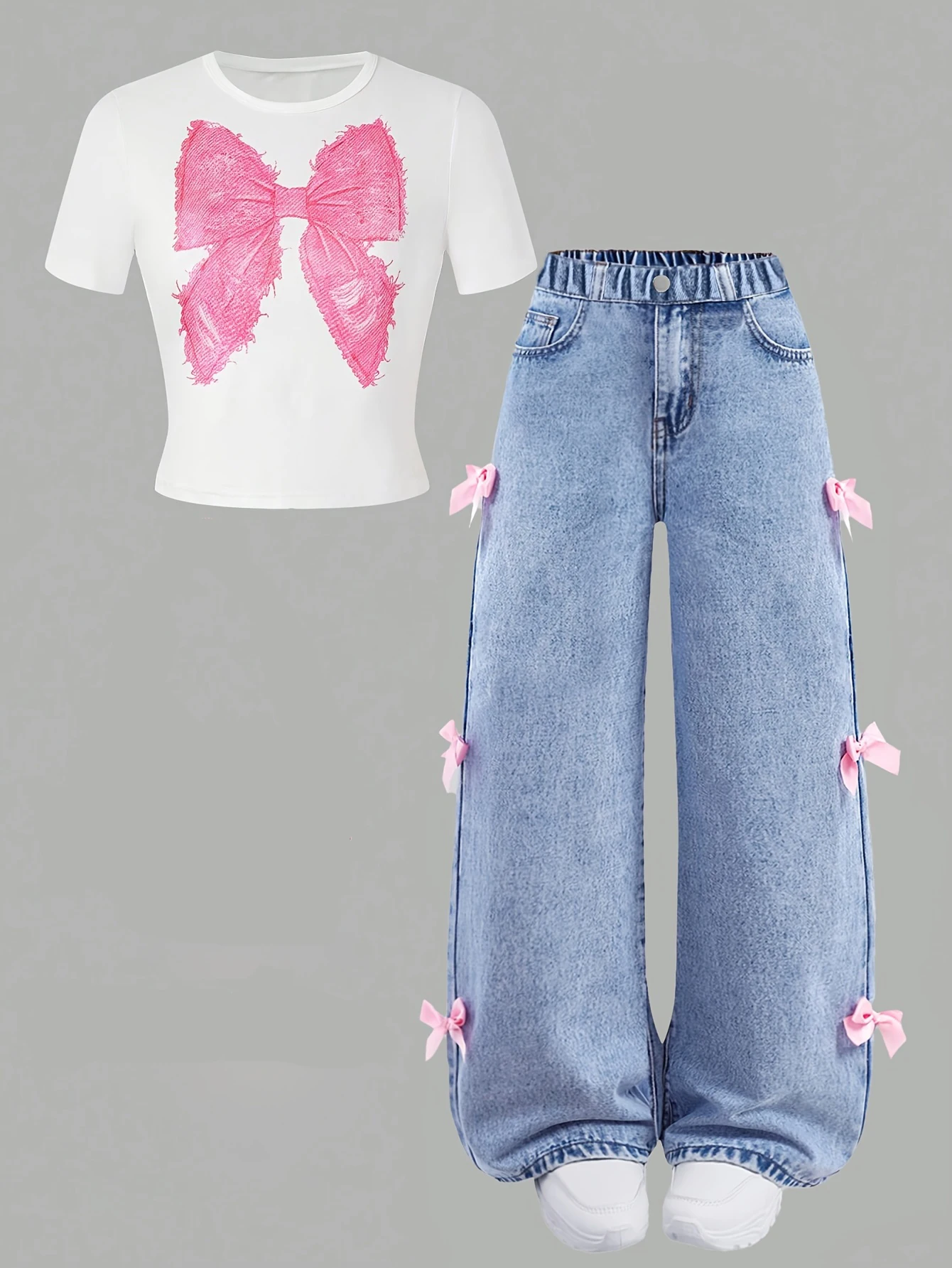Youthful Girl Summer Bow Print Short Sleeve Bow Tie Jeans Two-Piece Set Comfortable Full Elastic Waistband