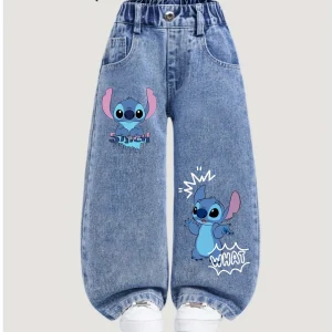 Disney Stitch Y2K Style Loose Straight Leg Jeans Girls Comfortable Year-Round Pants Full Elastic Waist Front Back Pockets，02