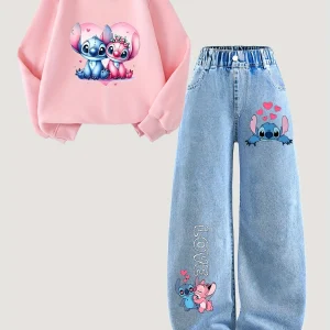 【2-piece set】Disney - Stitch pattern children's clothing, girl's pink sports hoodie + jeans set, fits well and is comfortable.03
