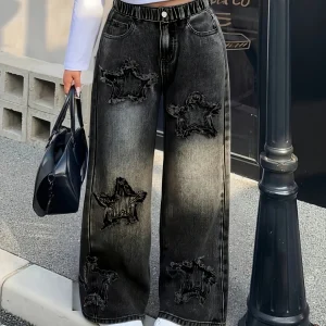 Girls Y2K Washed Fabric Five-Star Pattern Patchwork Denim Straight-Leg Pants Versatile Trendy All-Seasons.Full elastic waistband