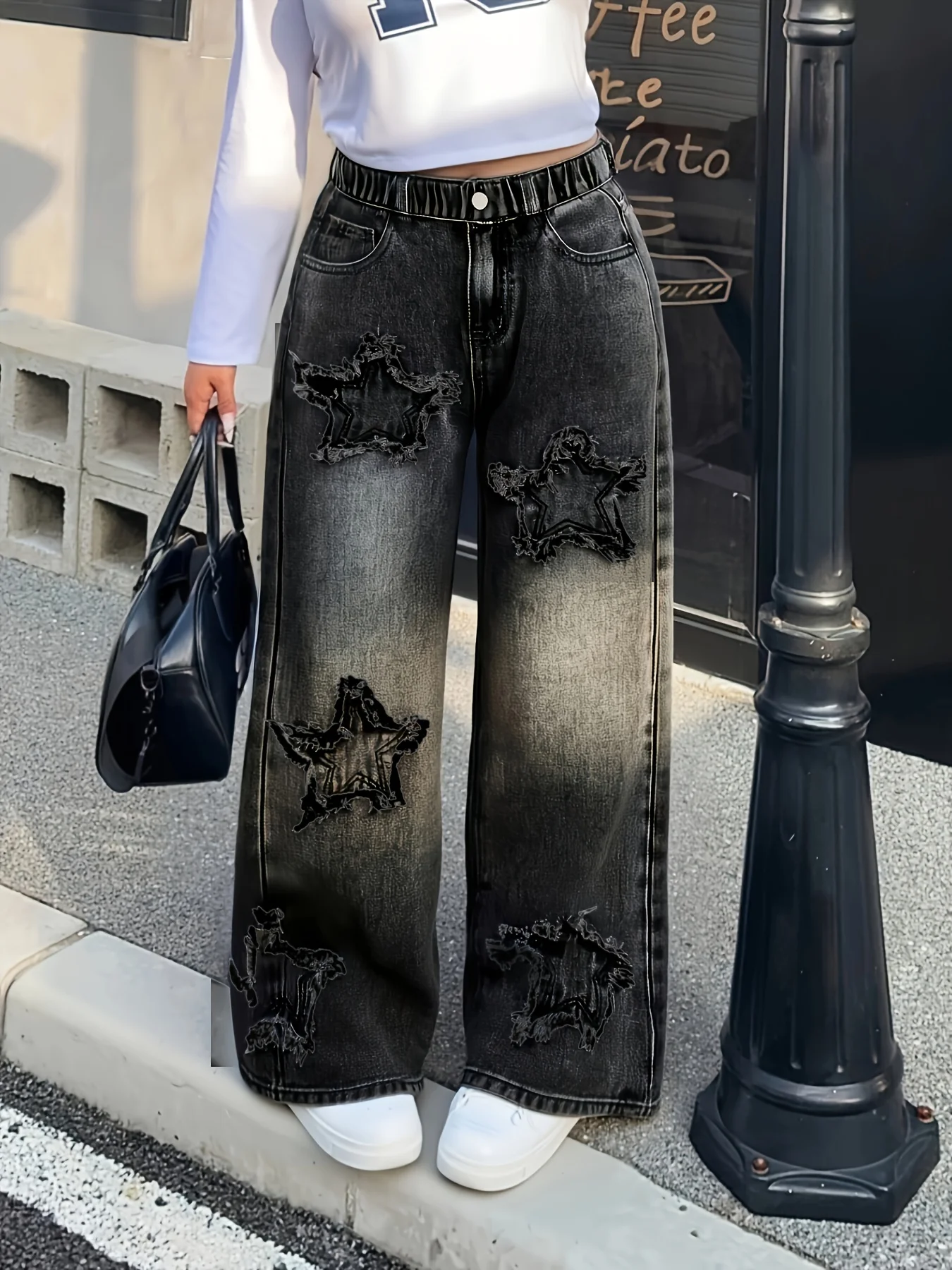 Girls Y2K Washed Fabric Five-Star Pattern Patchwork Denim Straight-Leg Pants Versatile Trendy All-Seasons.Full elastic waistband
