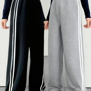 【2-piece set】 Girls' Casual Sports Pants in Black And Grey Fashionable Side-Tie Design Loose Fit Full Elastic Waistband