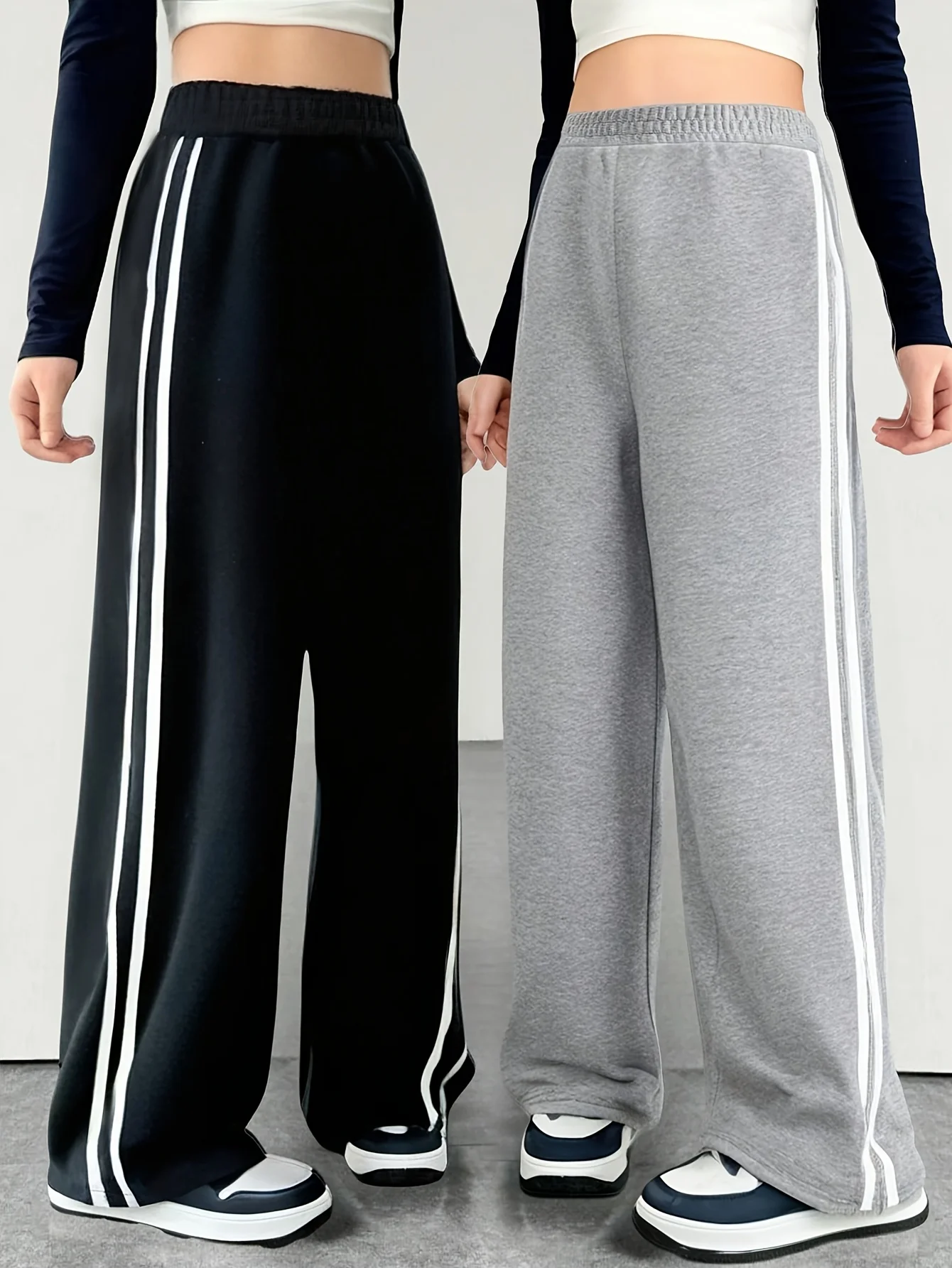 【2-piece set】 Girls' Casual Sports Pants in Black And Grey Fashionable Side-Tie Design Loose Fit Full Elastic Waistband