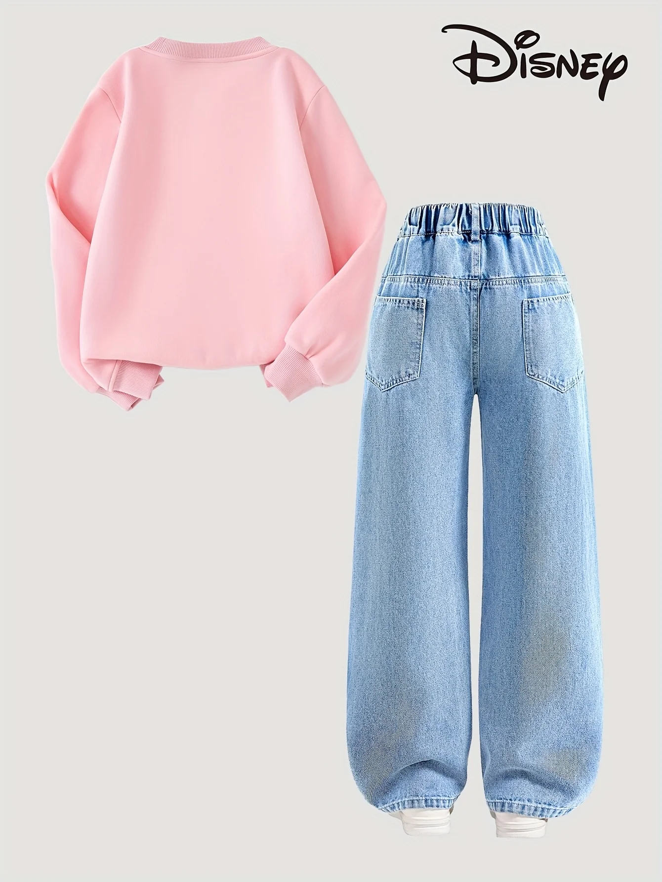 【2-piece set】Disney - Stitch pattern children's clothing, girl's pink sports hoodie + jeans set, fits well and is comfortable. - Image 2