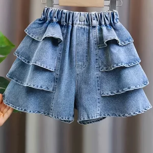 Girls Summer Pleated Frill Denim Shorts Fashionable Lightweight Beach Seaside Holiday Wear for Kids.Full elastic waistband