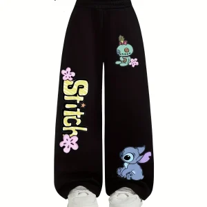 Disney Stitch Patterned Kids Straight Leg Knit Trousers Unisex Comfortable Elastic Waist Fashionable Y2K Style.04